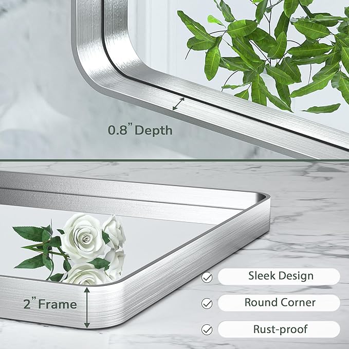 TokeShimi 60 x 28 Inch Wall Mirror for Bathroom Brushed Silver Metal Frame Decorative Rectangular Wall Mounted Home Decor Corner Hangs Farmhouse Mirror (Horizontal/Vertical)
