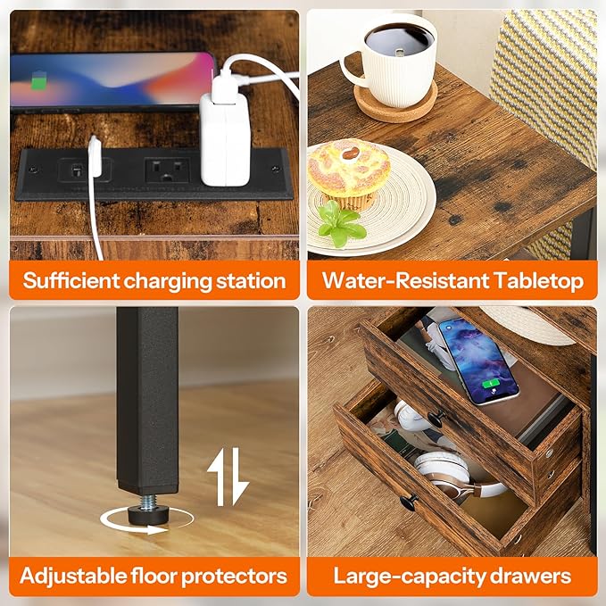 HOOBRO End Table Set of 2 with Charging Station, Nightstand with 2 Drawer & USB Ports & Power Outlets, Bedside Table for Small Spaces, Stable and Sturdy, for Living Room, Rustic Brown BF43UBZP201