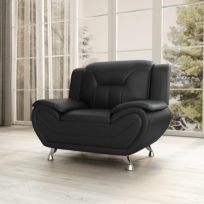 Container Furniture Direct Michael Modern Faux Leather Upholstered Stainless Steel Legs Living Room Sofa, Chair, Black