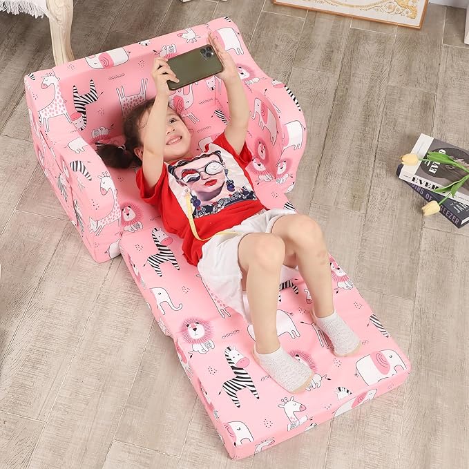 Pink Kids Sofa, 2-in-1 Kids Couch Fold Out, Convertible Sofa to Bed for Girls and Boys