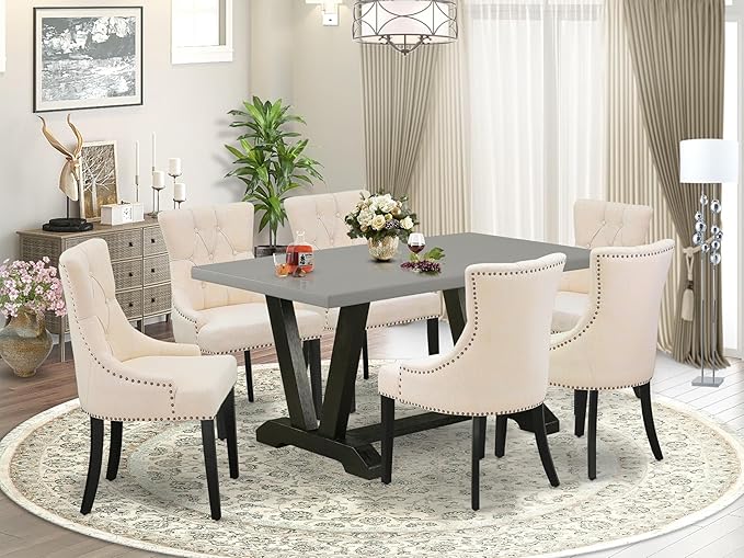 East West Furniture V696FR102-7 7 Piece Dinette Set Consist of a Rectangle Dining Room Table with V-Legs and 6 Light Beige Linen Fabric Upholstered Parson Chairs, 36x60 Inch, Multi-Color