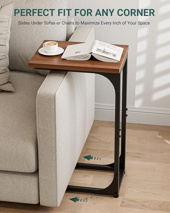 C-Shaped Side Table for Couch - Small Coffee Stand Sofa Tray Desk with Metal Frame and Waterproof Scratch Resistant, Modern End Accent for Living Room, Bedroom, Set of 2, Rustic Walnut