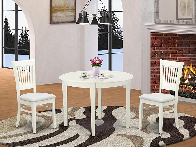 East West Furniture BOVA3-LWH-C 3 Piece Dining Room Furniture Set Contains a Round Dining Table and 2 Linen Fabric Upholstered Chairs, 42x42 Inch, Linen White