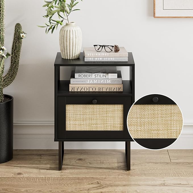 Masupu Rattan Nightstand,Boho Night Stand Modern Farmhouse Wood Bedside Table with Storage Drawer and Open Shelf,Side End Table for Bedroom,Living Room,Office Black