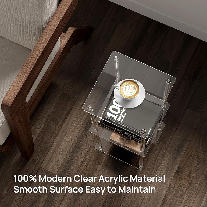 HMYHUM Acrylic Side Table for Small Spaces, 11.8" L x 11.8" W x 28" H, Small Nightstand/Bedside/End Table for Living Room, Bedroom, 3-Tier, Square, Clear