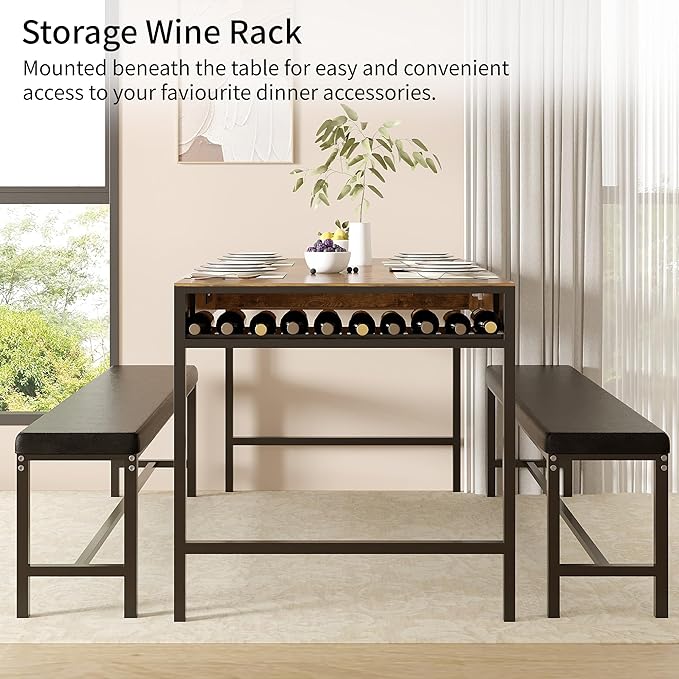 VECELO 65" Dining Table Set for 4-6, 3-Piece Kitchen Set with 2 Utensil Drawers, 2 Benches & Wine Rack, Space Saving & Heavy Duty, with Metal Frame & MDF Board, Rustic Brown