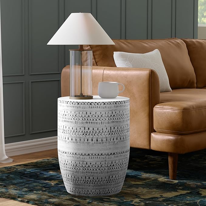 SIMPLIHOME Johnsen Metal Table - 15 inch Wide Solid Iron Drum Accent Table in Antique Silver with Tribal Pattern, Round Boho End Table for Living Room, Bedroom, or Home Office, Fully Assembled
