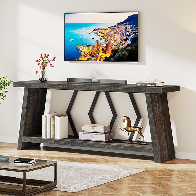 Tribesigns 70.86-Inch Long Sofa Table for Living Room, 2-Tier Narrow Console Table with Storage, Wood Foyer Entryway Couch Table for Hallway, Entrance (Dark Gray)