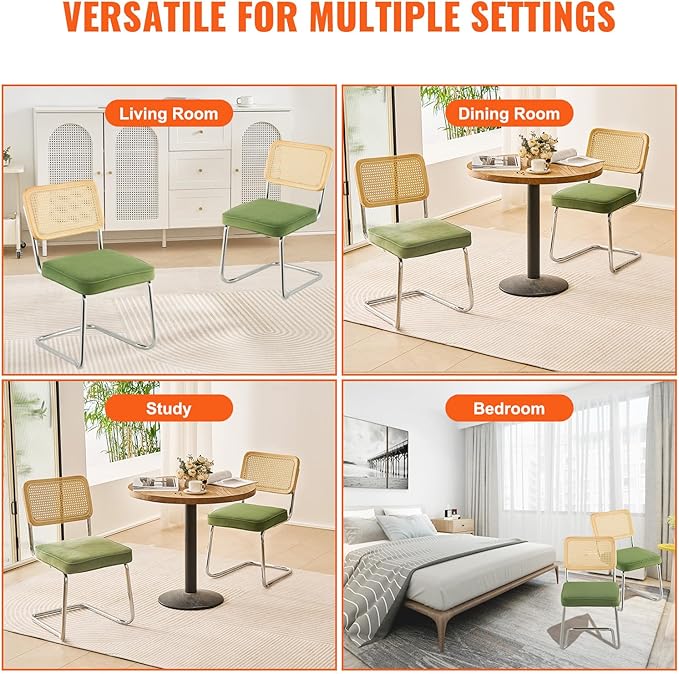 VEVOR Rattan Dining Chairs Set of 2, Mid Century Modern Dining Chair, Upholstered Velvet Accent Chair with Rattan Back, Retro Dining Room Kitchen Chair for Living Room, Bedroom (18.1 Inch)