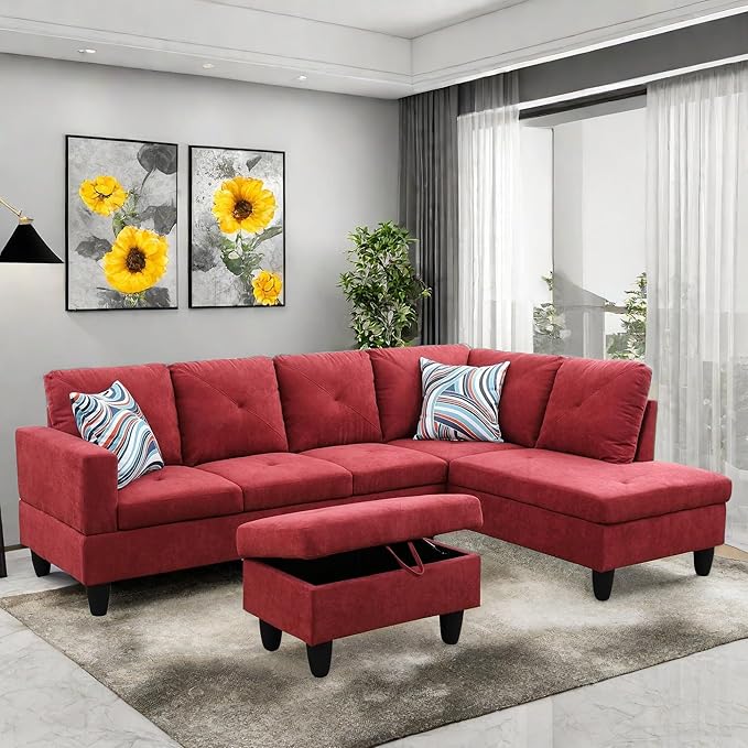 Modular Sectional Couch, L Shaped Couch with Storage, Convertible Sofa with Ottomans, Modern Sectional Sofa for Living Room and Office, Red