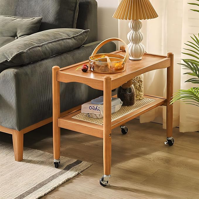Rattan Side Table with Wheels, Small End Table with Storage, Narrow Wooden Bed Side Table for Living Room, Modern Slim Sofa Nightstand, 23.43" W*12.99" D*19.69" H, (Natural)