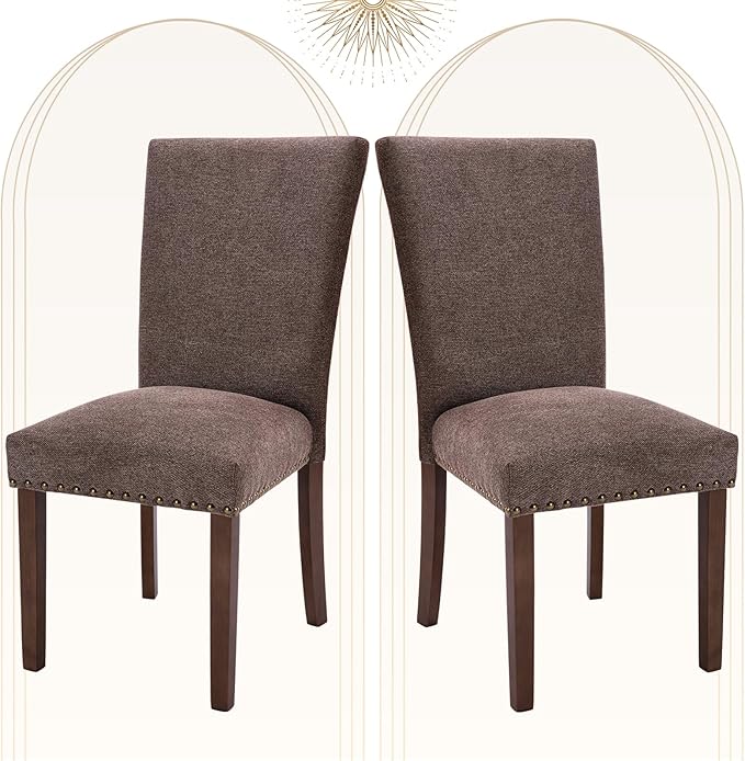 COLAMY Upholstered Parsons Dining Chairs Set of 2, Fabric Dining Room Kitchen Side Chair with Nailhead Trim and Wood Legs - Brown