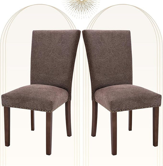 COLAMY Upholstered Parsons Dining Chairs Set of 2, Fabric Dining Room Kitchen Side Chair with Nailhead Trim and Wood Legs - Brown