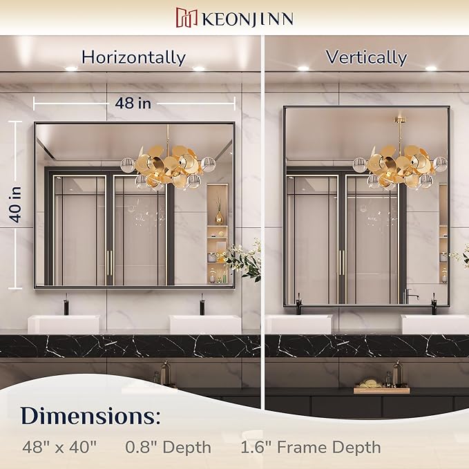 Keonjinn Black Bathroom Mirror 48” x 40” Wall Mirror for Bathroom Vanity Large Metal Frame Rectangle Mirror for Over Sink Rectangular Farmhouse Square Corner Framed Mirror(Horizontal/Vertical)