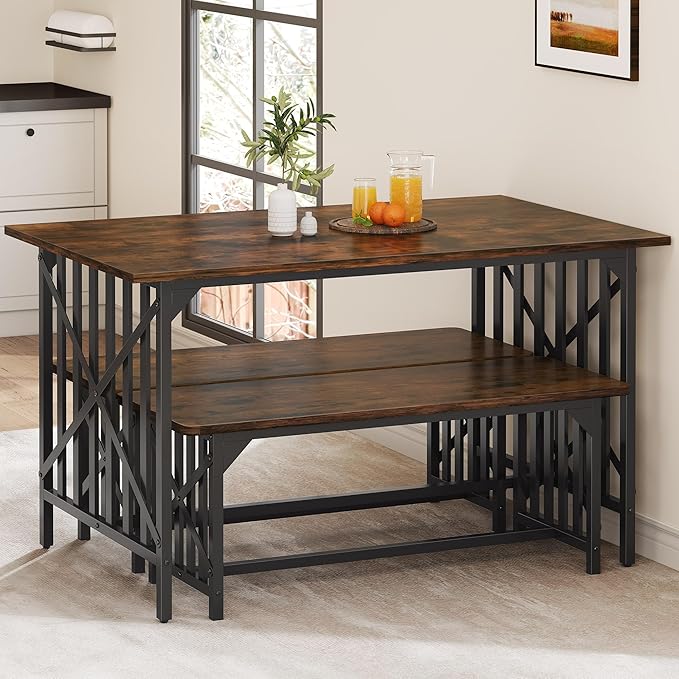 DWVO 3-Piece Kitchen Table with 2 Bench 47.2 Inch Dining Table Set for 4 People Industrial Rectangular Dining Room Furniture Set with Storage for Kitchen Rustic Brown