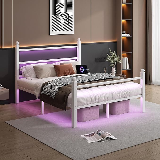 Full Size Bed Frame with Headboard and Footboard,Steel Slats Support-LED Bed Frame with USB Charging Station,Mattress Foundation-Under Bed Storage,No Box Spring Needed,Noise Free,White