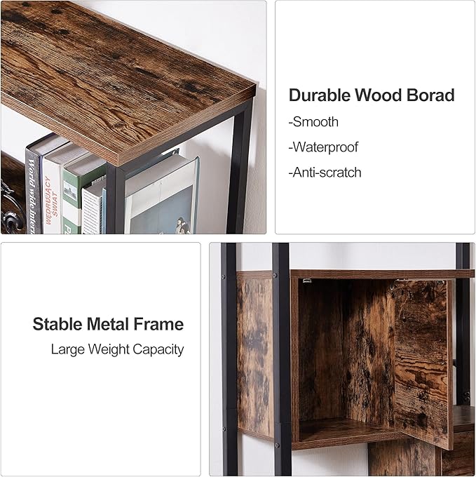 VECELO 5-Tier Bookshelf,Bookcase with 2 Storage Drawers and 1 Cabinet, Wooden Shelf with Metal Frame Open Book Shelves Standing Shelf Unit for Living Room, Bedroom,Office