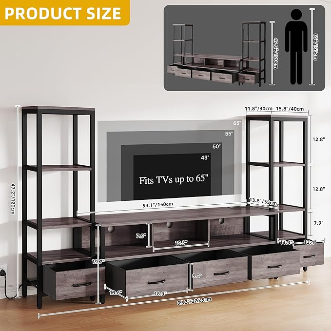 DWVO Entertainment Center with Bookshelves, LED TV Stand for 65/60 inch TV, Farmhouse TV Stand for Living Room with 2 Industrial 4-Tier Bookshelves & Power Outlets, Grey