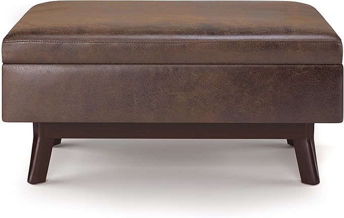 SIMPLIHOME Owen 36 inch Wide Mid Century Modern Small Rectangular Storage Ottoman in Distressed Chestnut Brown Vegan Faux Leather, Assembled, For the Living Room, Entryway and Family Room