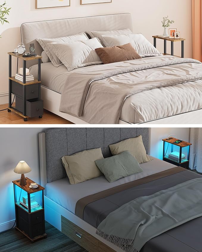 TUTOTAK Small Narrow End Tables, LED Side Tables with 2 Fabric Drawers, Set of 2, Bedside Tables with Charging Station for Small Spaces, Slim Nightstands with USB Ports and Wheels, TB01BB053L