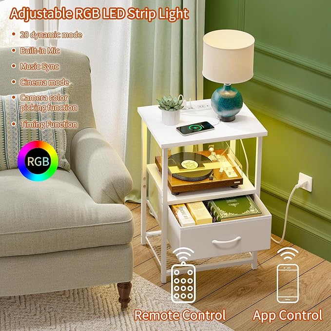 Fixwal Night Stand with Charging Station, LED Nightstand with Fabric Drawers, End Table with PU Finish, Bed Side Table, White