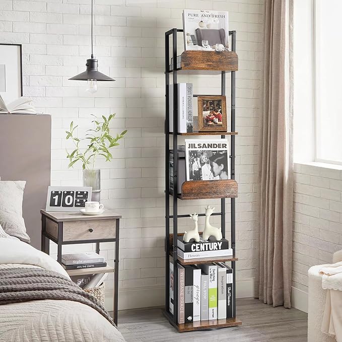 Bikoney Rotating Bookshelf, 360 Display Spinning Bookshelf Tower, 5-Tier Narrow Bookcase, Tall Industrial Book Shelf Organizer, Small Corner Book Shelves for Living Room, Black