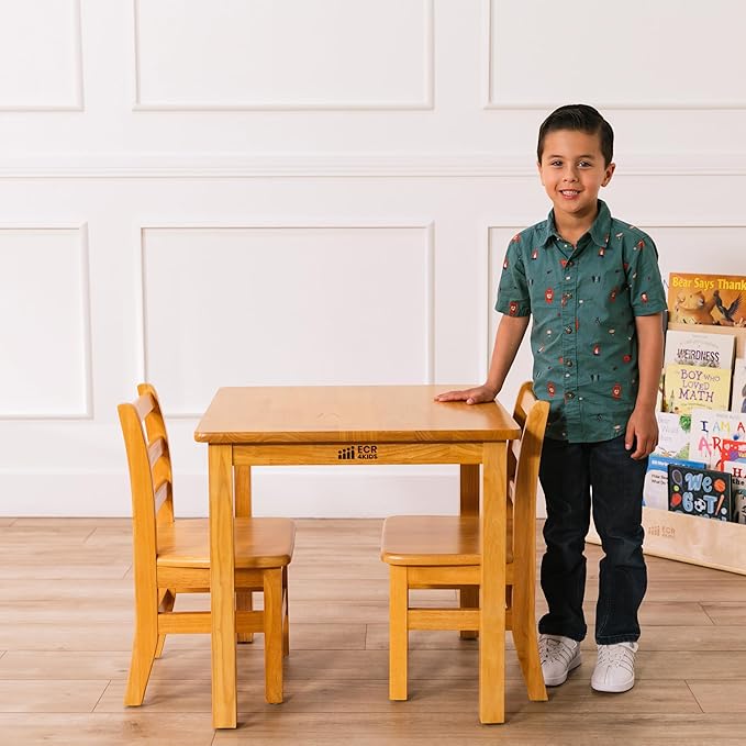 ECR4Kids 24in x 24in Hardwood Table and Chair Set, 12in Seat Height, Kids Furniture, Honey