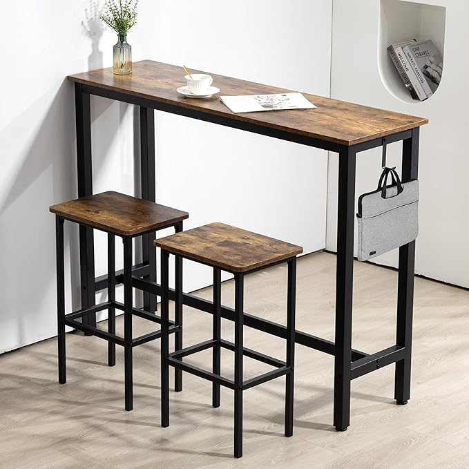 Finnhomy 52.7" Industrial Bar Table Set with 2 Stools - Counter Height Dining & Pub Table for Small Spaces, Kitchen, Apartment, Breakfast Nook - Metal & Wood, Space-Saving Furniture - Rustic Brown