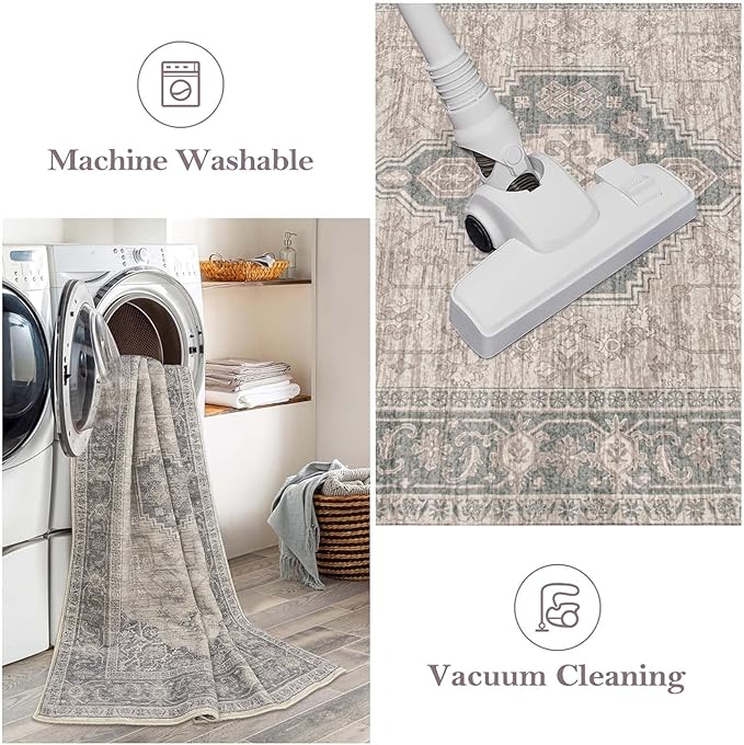 Lahome Oriental Small Area Rug, 2x4 Washable Entryway Rug Non-Slip Ultra-Thin Indoor Door Mat Distressed Throw Carpet for Kitchen Bedroom, Grey/Brown
