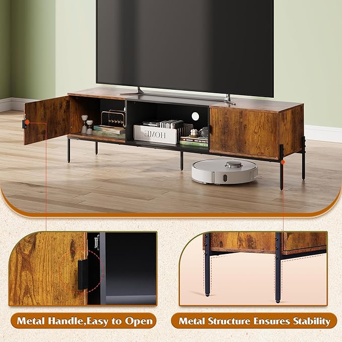 WLIVE Modern TV Stand for 65 Inch TV, Mid Century Entainment Center with Storage, TV Console with Open Shelf and 2 Cabinets for Bedroom and Living Room, TV Cabinet with Metal Legs, Rustic Brown