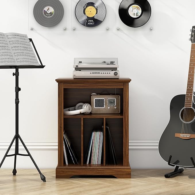 Farmhouse Record Player Stand, 3 Tier End Table, Turntable Stand with Vinyl Record Storage ,Wood Record Holder Cabinet Dispaly Shelf for Living Room,Bedroom,Rustic Brown