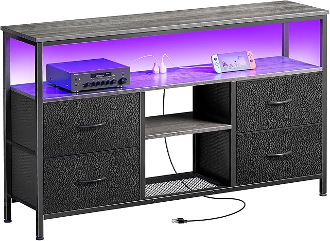Huuger 47 Inch TV Stand Dresser with Power Outlets and LED Lights, 4 Drawers Entertainment Center with Open Shelf, Media Console for 55 50 Inch TV, Dresser with PU Finish, Grey and Black