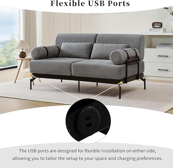 Modern Loveseat Sofa 59" Sofa Couch 2-Seater Sofa with Flexible USB Ports, Unique Cylindrical Armrests for Living Room, Grey