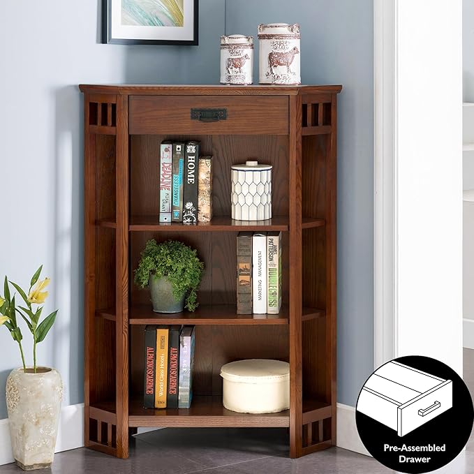Leick Home 82263 Mission Mantel Height Corner Bookcase with Drawer Storage, Made with Solid Wood, for Entryway, Living Rooms, Home Office, Bedroom, Mission Oak Finish