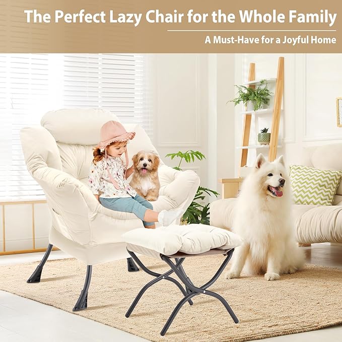 Lazy Chair with Folding Ottoman, Accent Chair Velvet Upholstered with Metal Structure and Non-Slip Pads, Sofa Armchair with Footrest and Side Storage Bag for Dorm, Room, Office, Beige