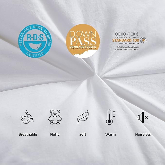 Luxurious Goose Down Feather Fiber Comforter Duvet Insert, Exquisite Pinch Pleat White Design, Oversize Palatial King White 128 x 98, Premium Baffle Box 100% Egyptian Cotton, 80 oz Fill Weight