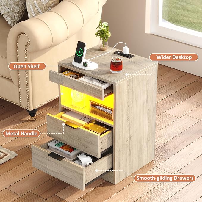 Gadroad LED Nightstand with Charging Station, Bedside Table with 3 Drawers and LED Lights, End Table Sofa Couch Side Table with Pull-Out Shelf, Grey