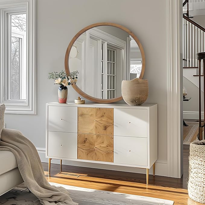 36" Bathroom Mirror, Round Wall Mirror with Wood Frame, Farmhouse Mirror for Wall Decor, Wall-Mounted Mirror for Bedroom, Living Room, Brown