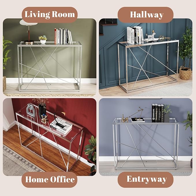 OIOG Glass Console Table for Entryway, Modern Sofa Table with Temperes Glass Tabletop and Chrome Frame, Silver Entryway Table for Living Room, Hallway, Dining Room, Home Office