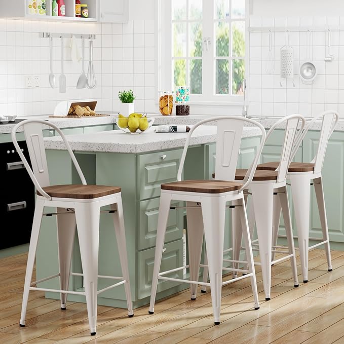 Yongqiang Metal Bar Stools Set of 4 Kitchen Island Counter Height Bar Stools High Back Farmhouse Barstools with Large Wooden Seat 24 inch Cream White