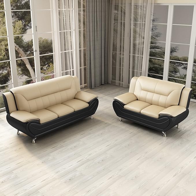 Container Furniture Direct Michael Modern Faux Leather Upholstered Stainless Steel Legs Living Room Sofa, Loveseat, Camel/Black