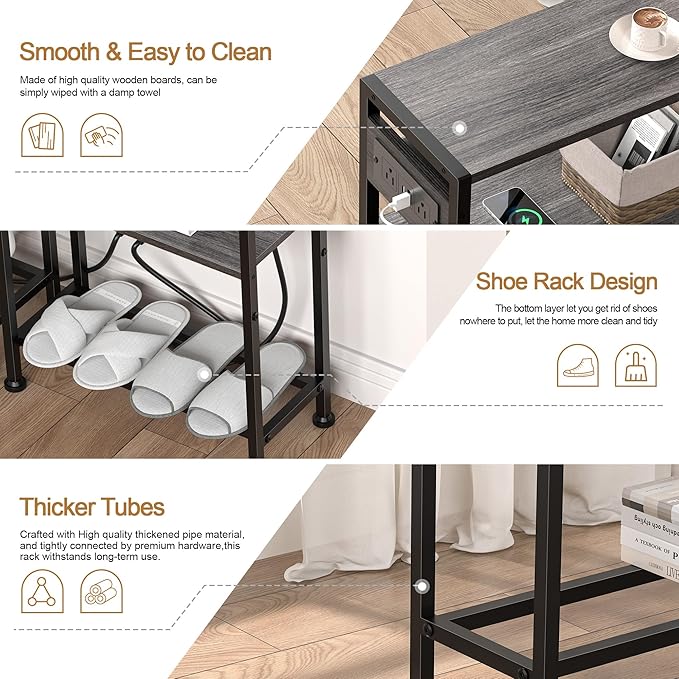 Small Narrow Side Table with Charging Station, Skinny End Table for Small Spaces, Slim Nightstand with Outlets, Sofa Bedside Table in Living Room, Bedroom, Study, Kitchen and Balcony(Grey)