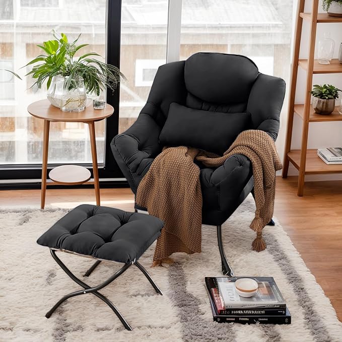 Lazy Chair with Ottoman, Comfy Fabric Accent Lounge Arm Chair with Lumbar Pillow and Folding Footrest, Reading Leisure Sofa Chair for Bedroom, Living Room, Dorm,Black
