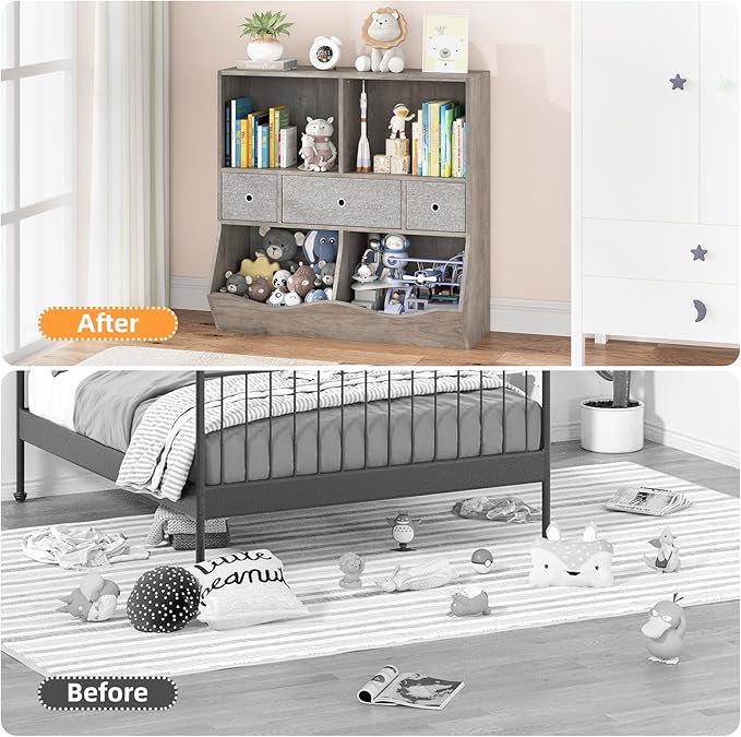 IDEALHOUSE Kids Bookshelf and Toy Storage Organizer with 3 Movable Drawers, Floor Storage Cabinet Toy Chest with 4 Cubbies, Multifunctional Storage Chest for Nursery, Playroom and Bedroom, White