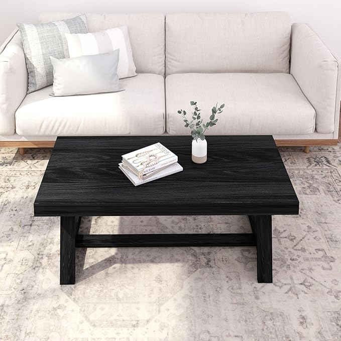 Plank+Beam Classic Rectangular Coffee Table, 48 Inch Farmhouse Coffee Table, Mini Center Tables for Small Spaces, Small Living Space Tea Table, Black Wirebrush
