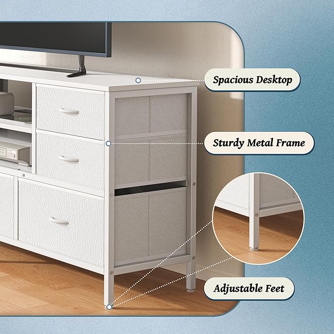 Huuger Dresser for Bedroom With Power Outlets and LED Lights, 7 Drawers TV Stand for 60 Inch TV, Console With Open Shelf, 55 Inches Wide White, PU Leather