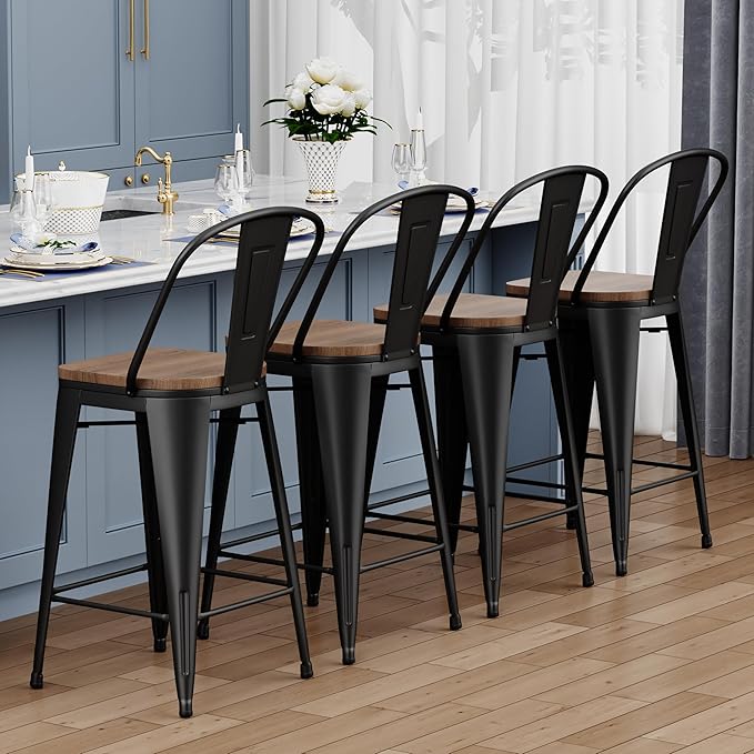 Yongqiang 26 inch Bar Stools Set of 4 High Back Metal Kitchen Counter Height Bar Chairs Barstools with Large Wooden Seat Industrial Matte Black