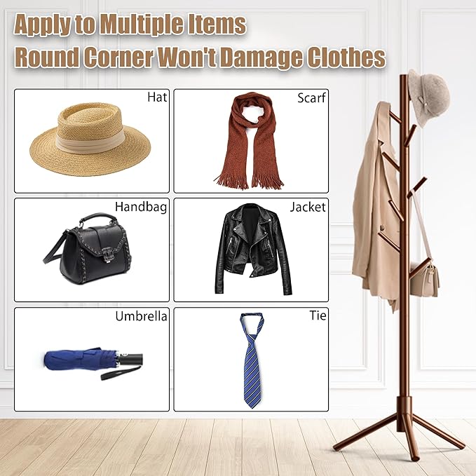 Wooden Coat Rack Stand, Freestanding Coat Rack with 8 Hooks, 3 Adjustable Size Coat Tree for Hats, Coats, Scarves bags, Coat Hanger Stand Used in Bedroom/Office/Entryway （Brown）