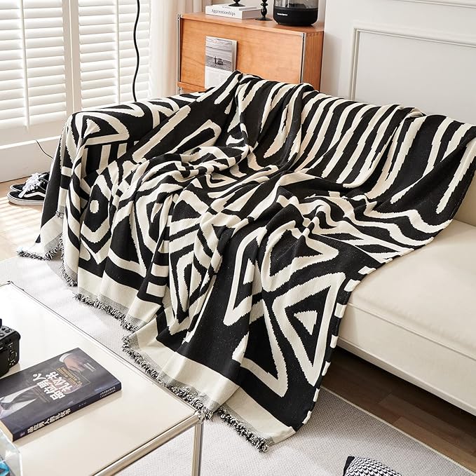 VM VOUGEMARKET Geometric Couch Cover for 3 Cushion Boho Chenille Sofa Cover Dog Proof Universal Sofa Slipcover L Shaped Furniture Cover with Tassels Sectional Couch Cover-71 x 134,Black