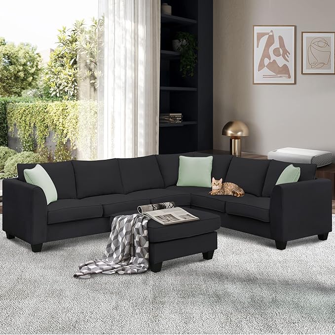 112" Upholstered Sectional Sofa Sets with Removable Ottoman, 7- Seater Modular Corner Couch with 3 Pillows for Livingroom, Office,Black